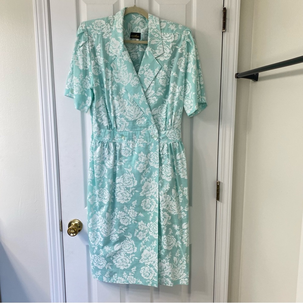 Vintage 80’s 90’s Midi Dress Shoulder Pads Elastic Waist Mint Green Floral 14